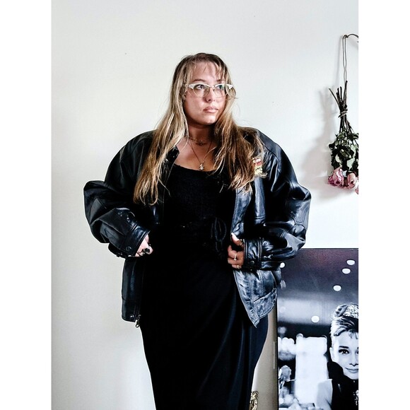 Flight Other - Vintage 80s 1980s Black Leather Bomber Jacket Graphic Grunge Classic Mens L